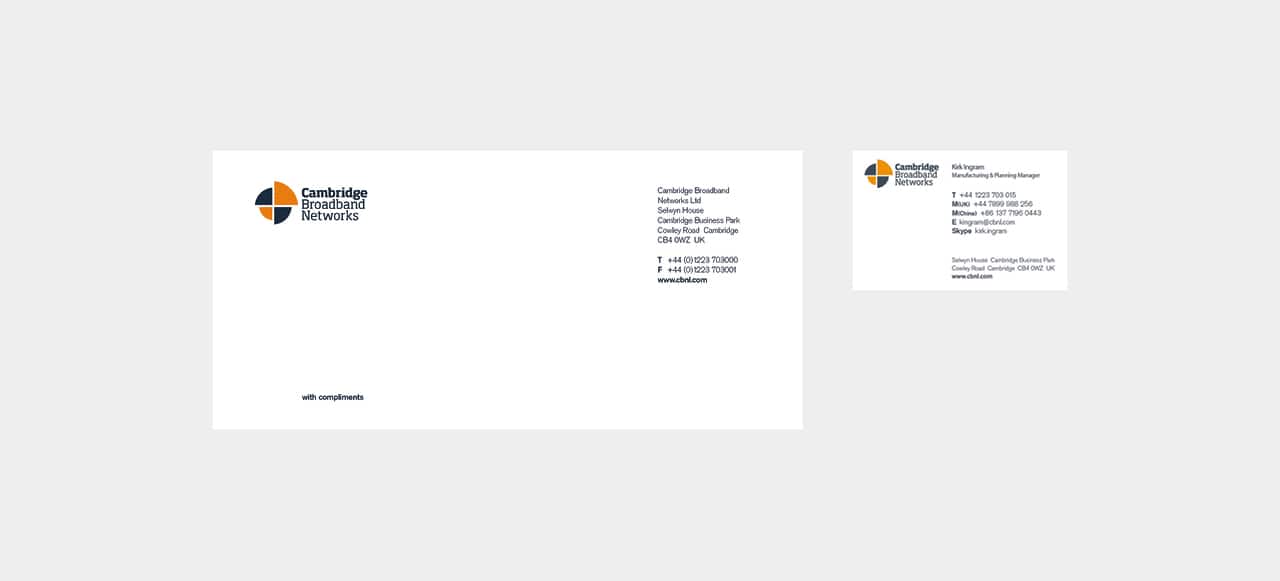 Compliment Slip and Business Card for Cambridge Broadband Networks by 2idesign Graphic Design Agency Cambridge